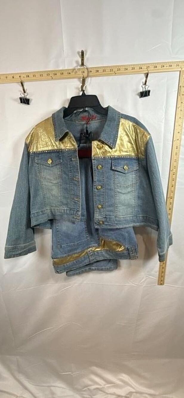 Y2K Metallic Gold Denim 2pc Set Crop Jacket 2X Pants 14 Rhinestone McBling Vtg